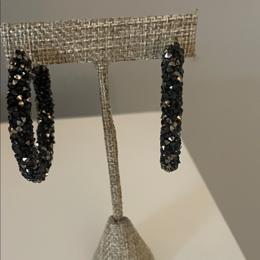 Elegant Black Crystal  2 inch Hoop Earrings
